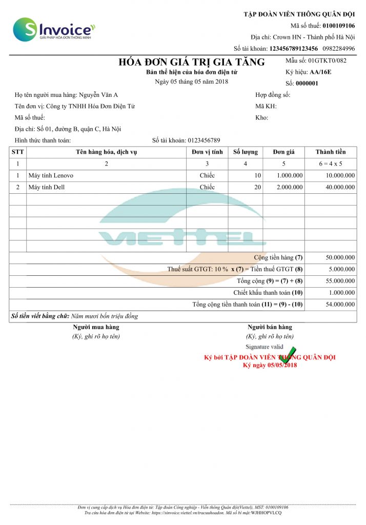 Mẫu hóa đơn Sinvoice Viettel - Phú Nhuận
